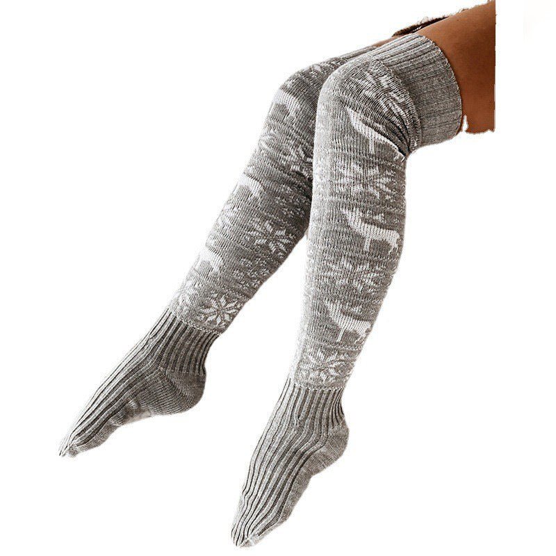 Christmas Over the Knee Knitted Socks–Warm Winter Elk Design - Elevra