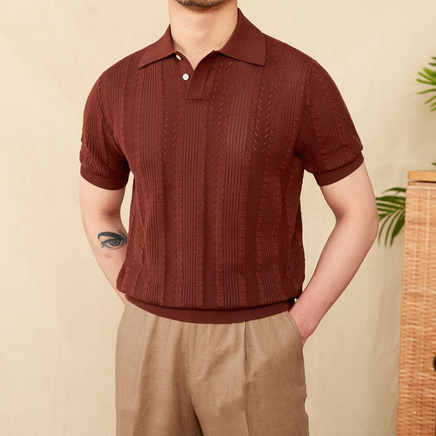 Cotton Hollow Lapel Short Sleeve POLO Knitted T-shirt - Elevra