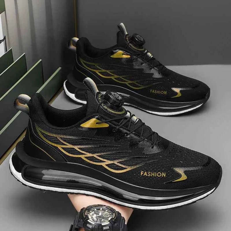 Black and gold fashion running shoes with air cushion sole, stylish athletic sneakers for men