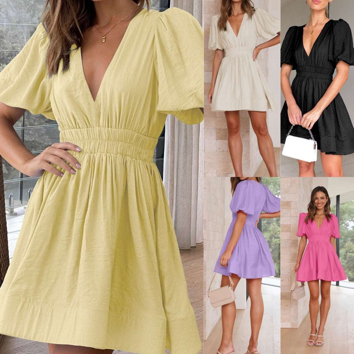 European And American Elegant Dress Sweet Waist Trimming Dress V - Neck Lantern Sleeve Dress Women's Summer Sun Dresses Evening Dress - Elevra