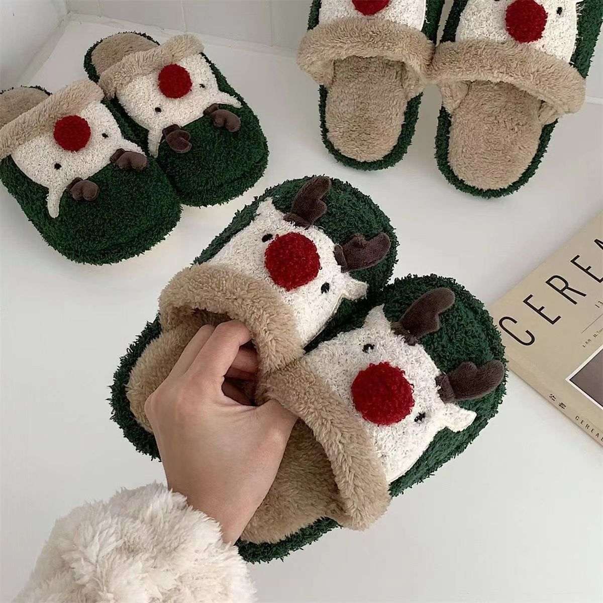 Fashion Non - slip Warm Christmas Elk Plush Shoes - Elevra