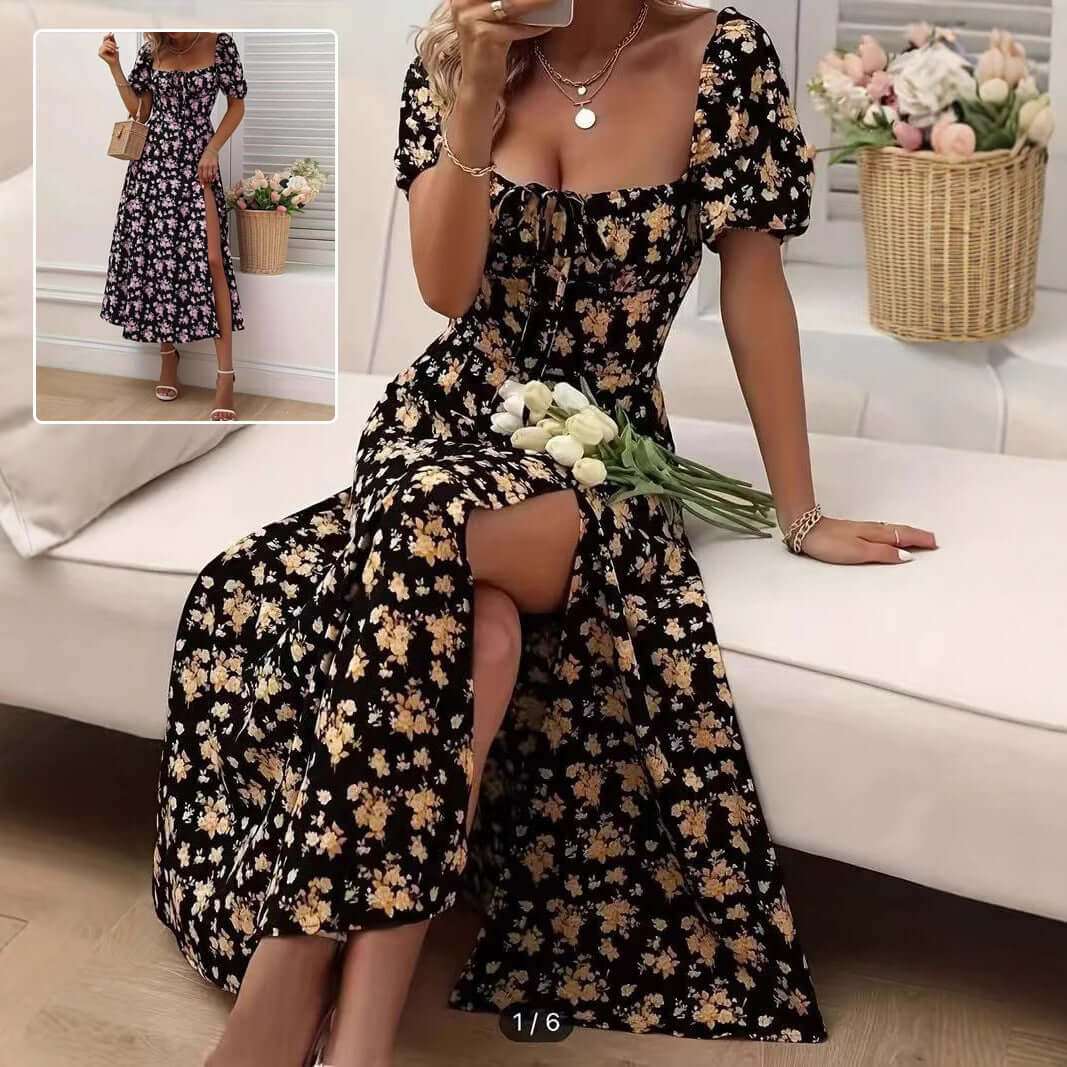Floral Print Short Sleeve Split Dress Summer Fashion Lace - up Beach Long Dresses Women's Clothing - Elevra