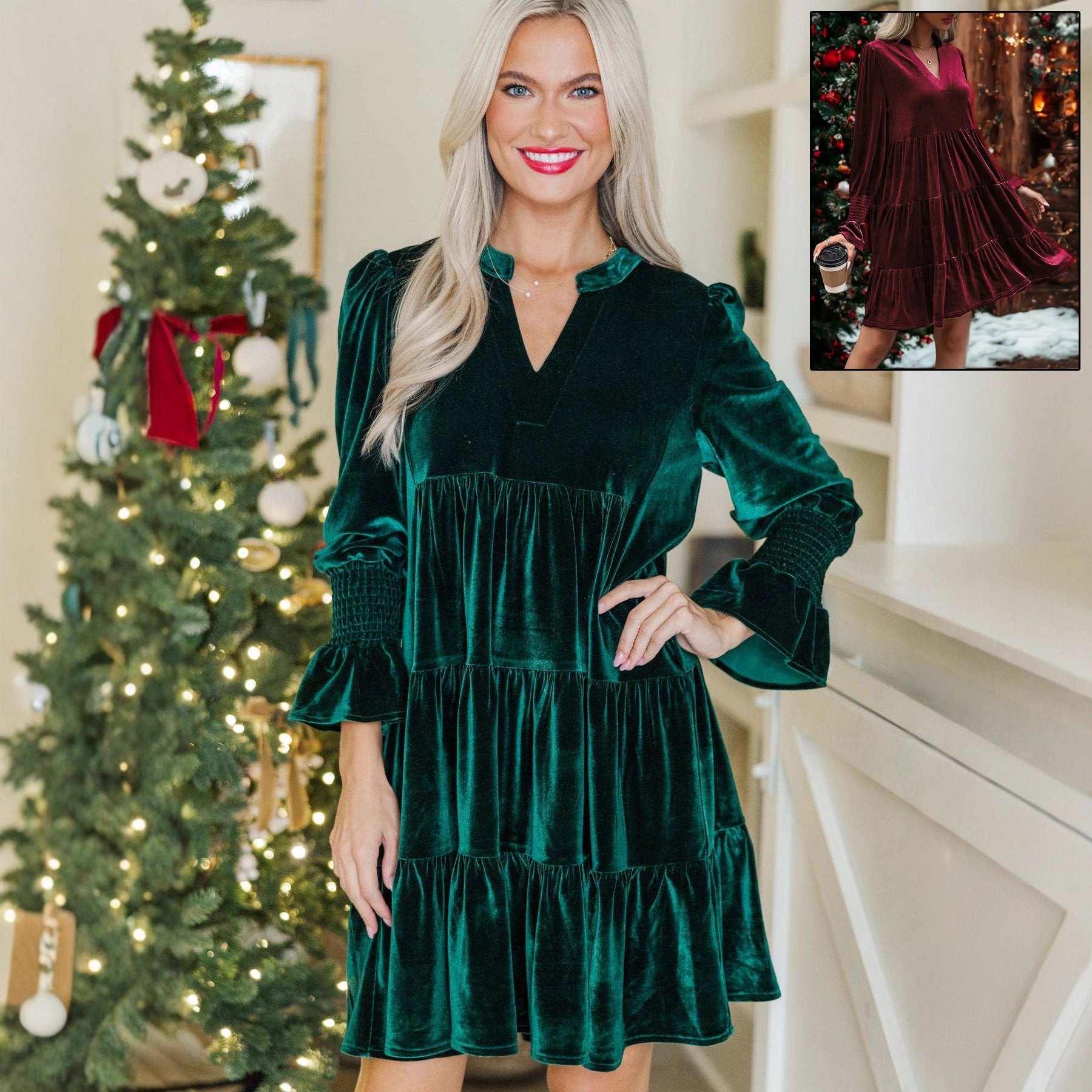 Long Sleeve Christmas Skirt Velvet Cake Dresses With Puffy Sleeves And V - Neck Mini Skirt Elegant Short Dress For Women New Year Party Clothing - Elevra