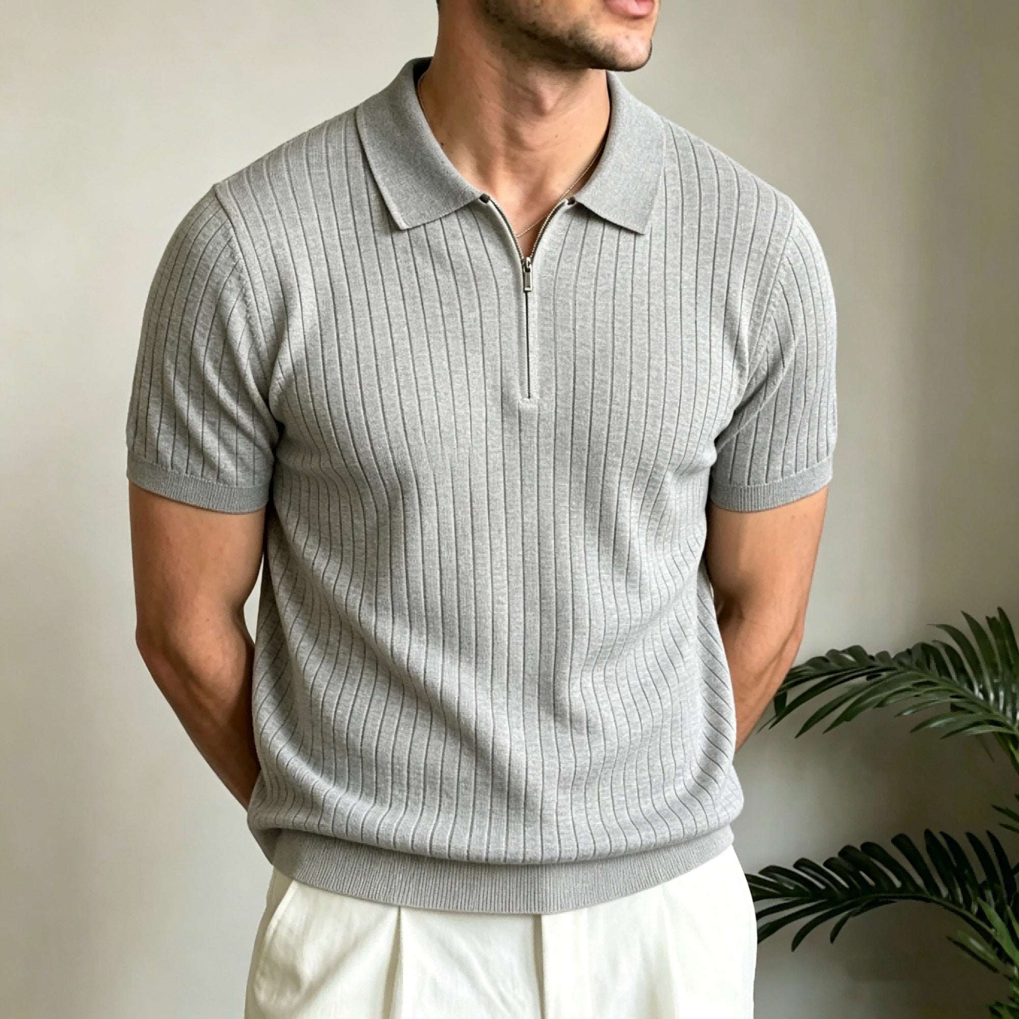 Old - money - style Lapel Zip - up Short - sleeve T-shirt Knit Sweater - Elevra