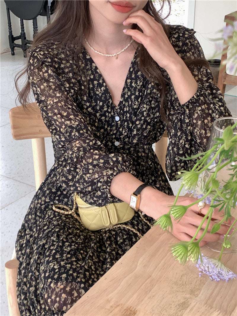 Retro Elegance Chiffon Midi Dress - Elevra