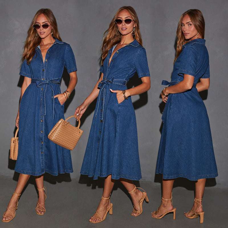 Retro V - neck Lace - up Denim Dress - Elevra