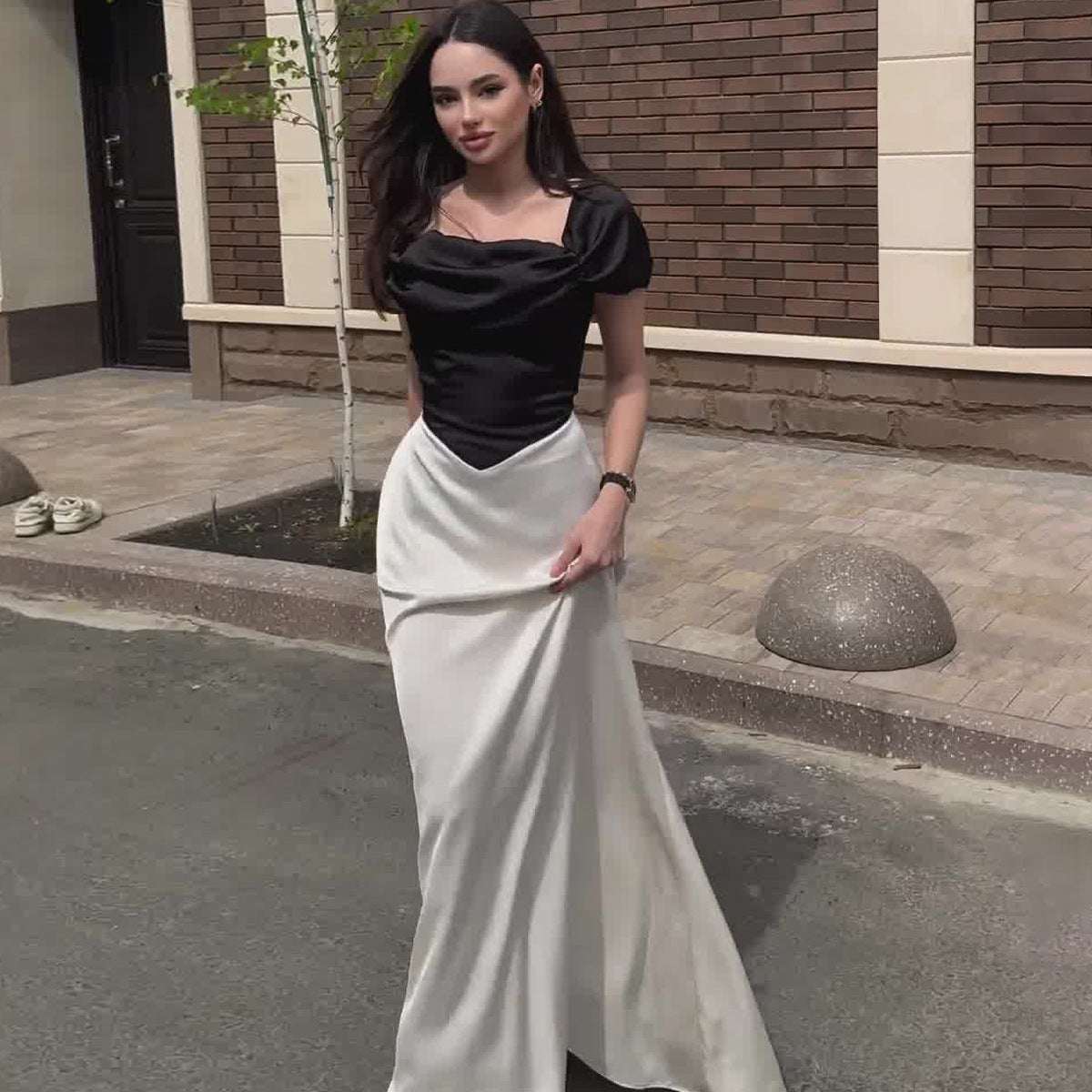 Satin Slim Fit Black And White Stitching Contrast Color Puff Sleeve Lace - up Dress - Elevra