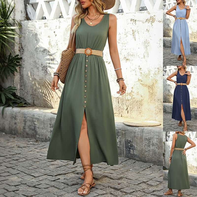 Summer Round - neck Sleeveless Split Dress With Button Design Fashion Solid Beach Long Dresses For Women Clothing - Elevra
