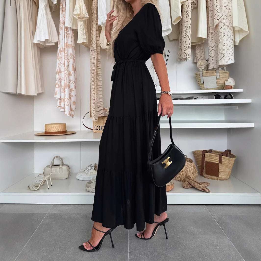 Summer V - neck Dress Wrapped Chest Solid Color Loose Lace - up Dress - Elevra