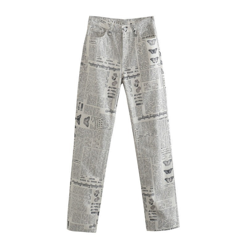 Woman Fashion Beige Print Straight Pants Patchwork Trousers - Elevra