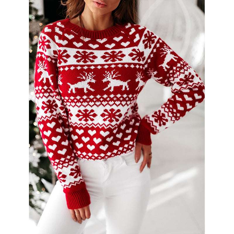 Women Ugly Christmas Sweater – Elk & Snowflake Knit Pullover - Elevra