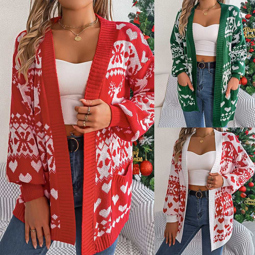 Womens Christmas Cardigan Sweater – Oversized Knit with Deer - Elevra
