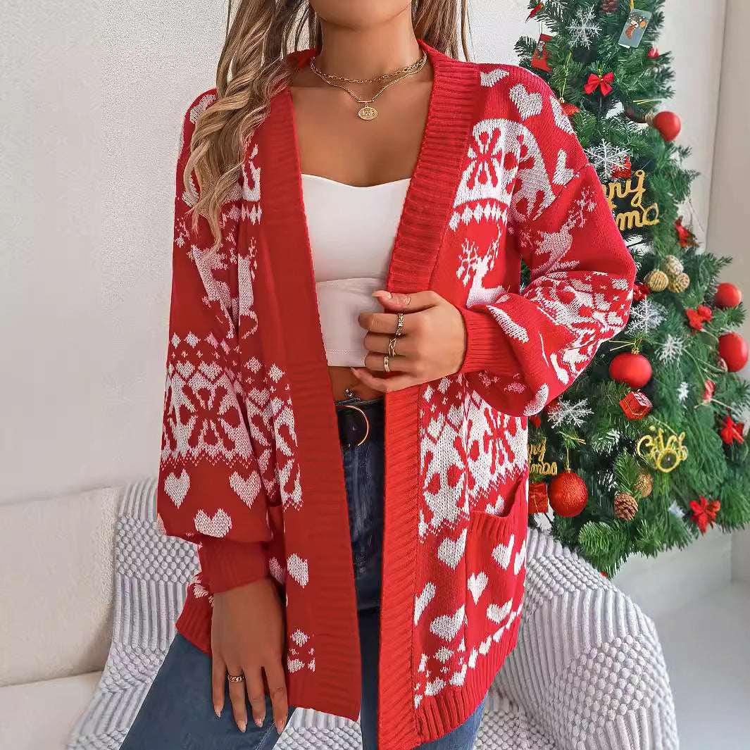 Womens Christmas Cardigan Sweater – Oversized Knit with Deer - Elevra