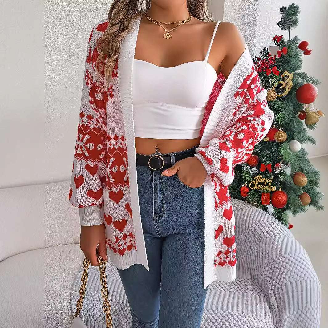 Womens Christmas Cardigan Sweater – Oversized Knit with Deer - Elevra