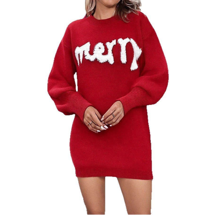 Women's Christmas Knitted Round Neck Sweater Dresses Lantern Sleeve Pullover Sheath Dress Elegant Loose New Year Party Dresses Fall Winter Knitted Sweater Jumper - Elevra