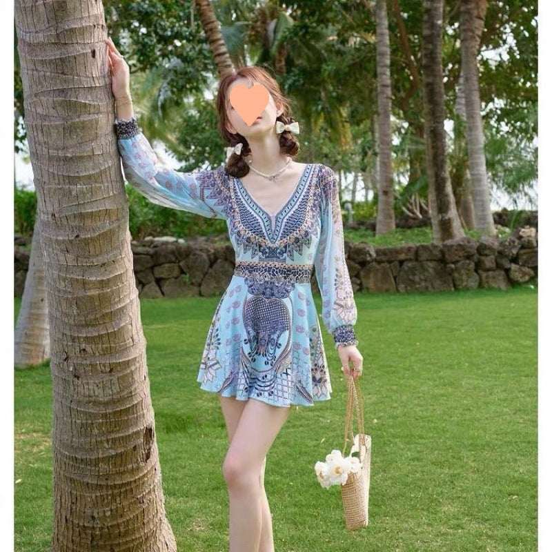 Women's One - piece Boxer Long Sleeve Small Chest Gathered Swimsuit - Elevra