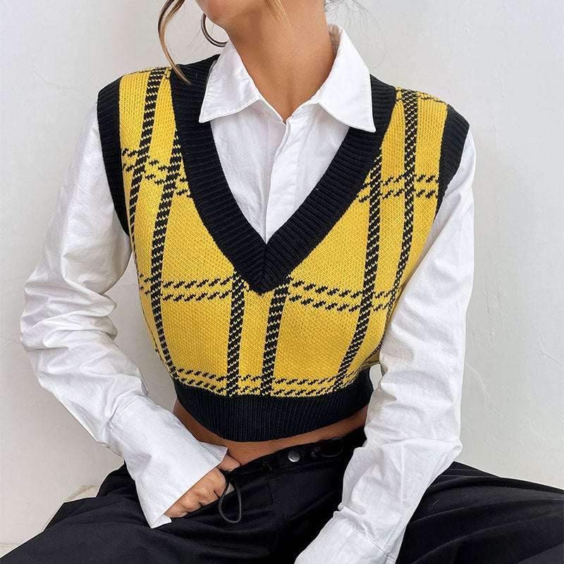 Women's V - neck Plaid Waistcoat - Elevra