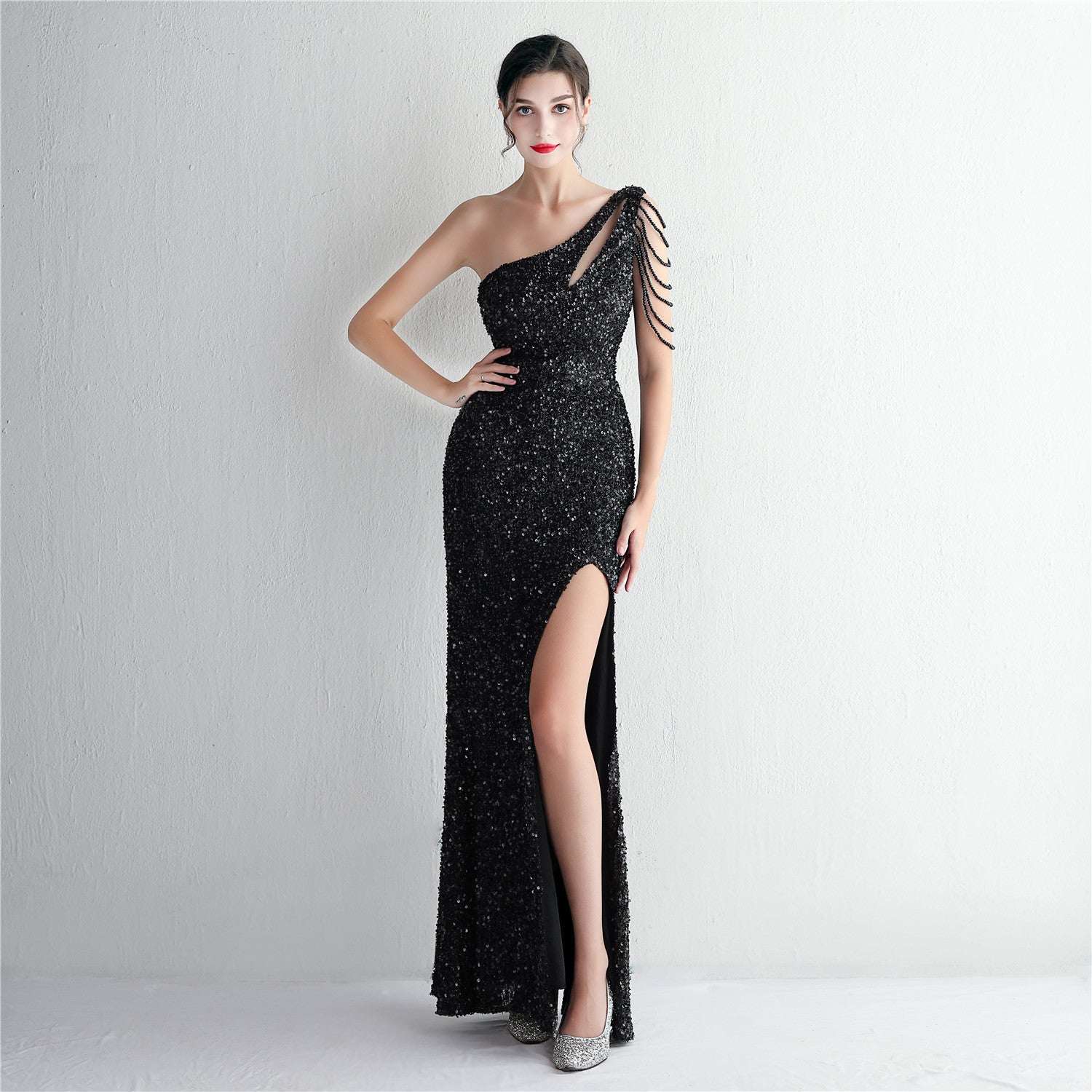 19533 Handmade Sequin Craft Beaded One - shoulder Fishtail Skirt - Elevra