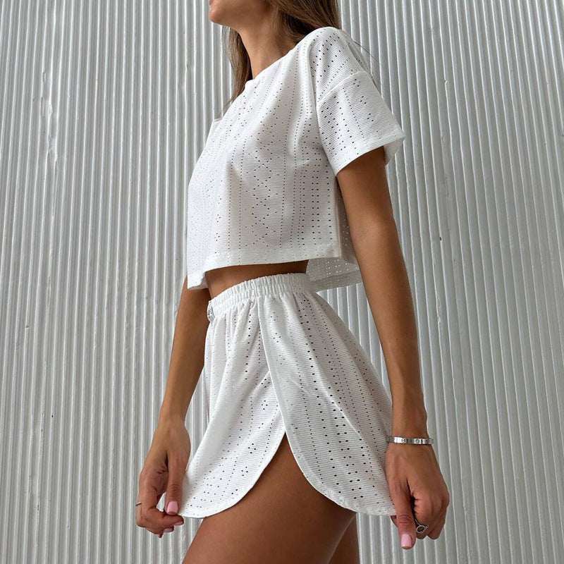 2pcs Casual Hollow Suit With Short - sleeved Crop Top And Elastic Slit Shorts Summer Fashion Sport Clothing For Women - Elevra