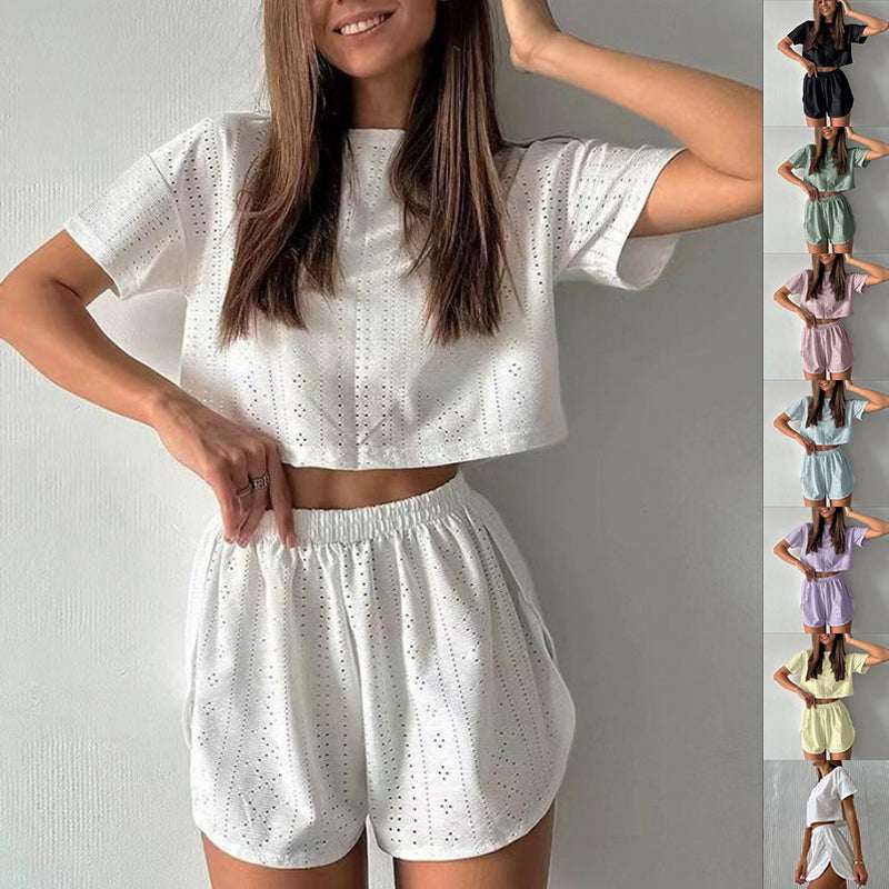 2pcs Casual Hollow Suit With Short - sleeved Crop Top And Elastic Slit Shorts Summer Fashion Sport Clothing For Women - Elevra