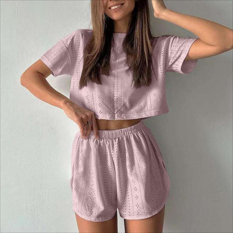 2pcs Casual Hollow Suit With Short - sleeved Crop Top And Elastic Slit Shorts Summer Fashion Sport Clothing For Women - Elevra