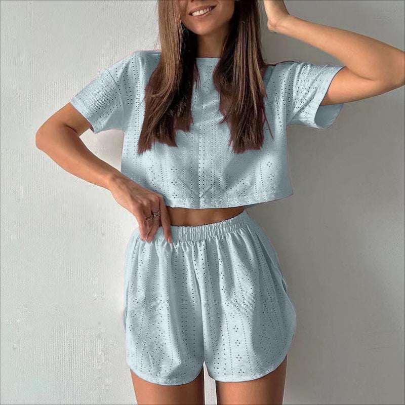 2pcs Casual Hollow Suit With Short - sleeved Crop Top And Elastic Slit Shorts Summer Fashion Sport Clothing For Women - Elevra