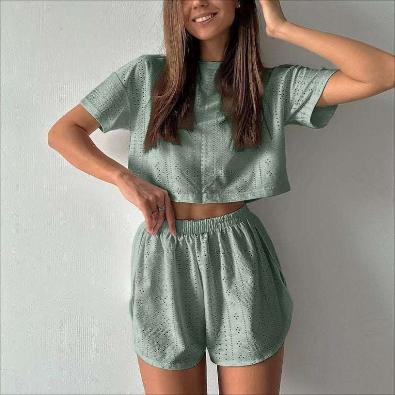 2pcs Casual Hollow Suit With Short - sleeved Crop Top And Elastic Slit Shorts Summer Fashion Sport Clothing For Women - Elevra