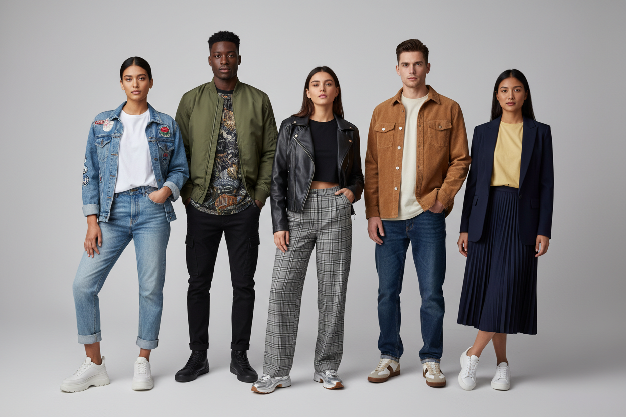 Five models showcasing stylish casual and smart outfits with jackets, jeans, and skirts