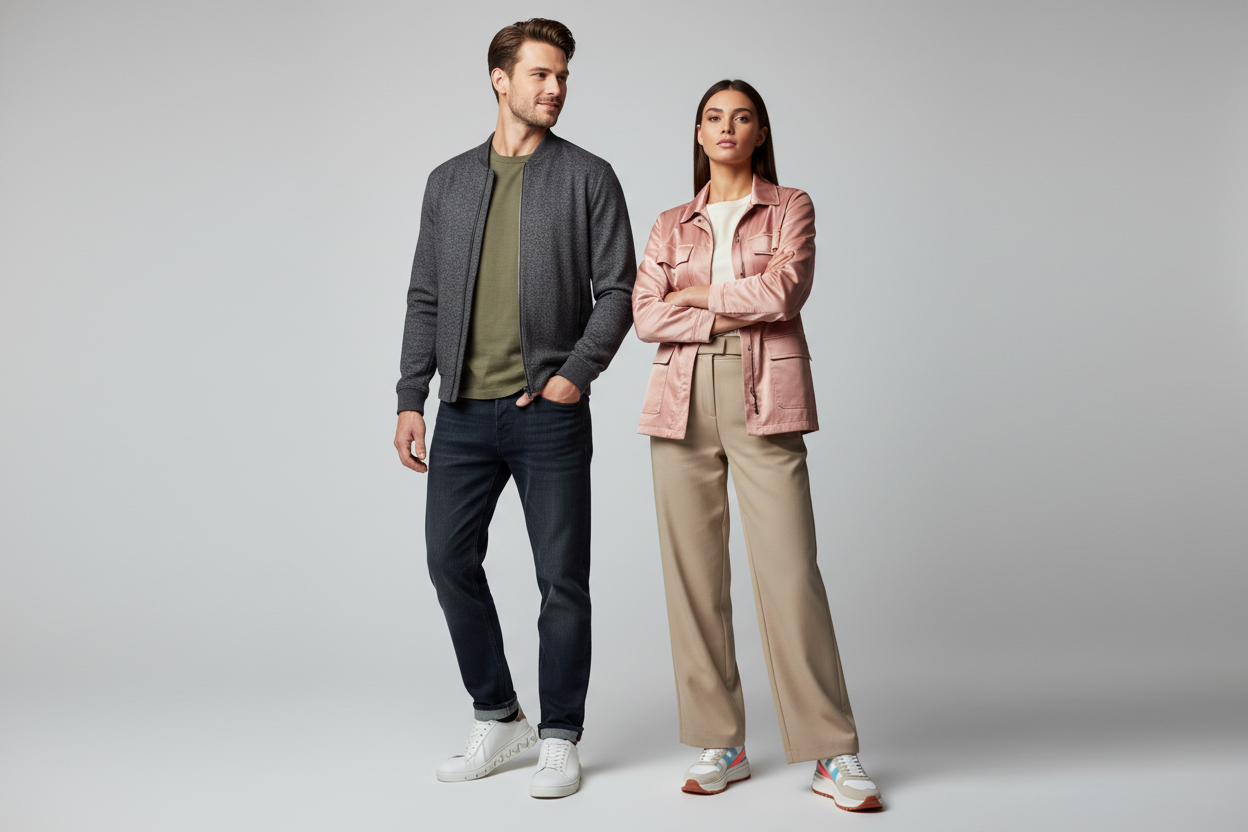 Man in gray cardigan and jeans, woman in pink jacket and beige pants, stylish casual outfits