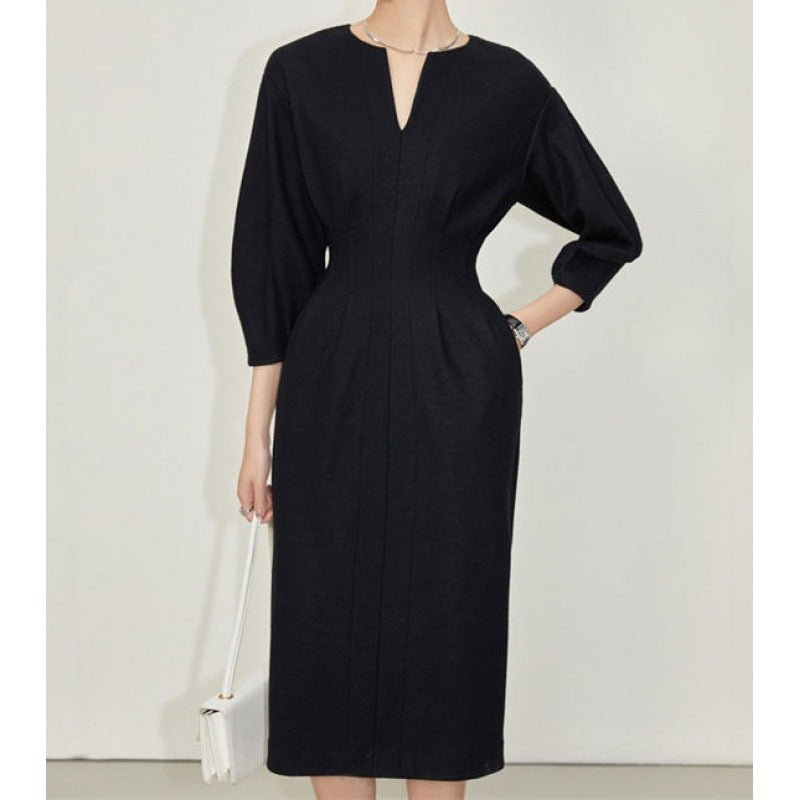 Black Female Temperament V - neck Black Dress Female - Elevra