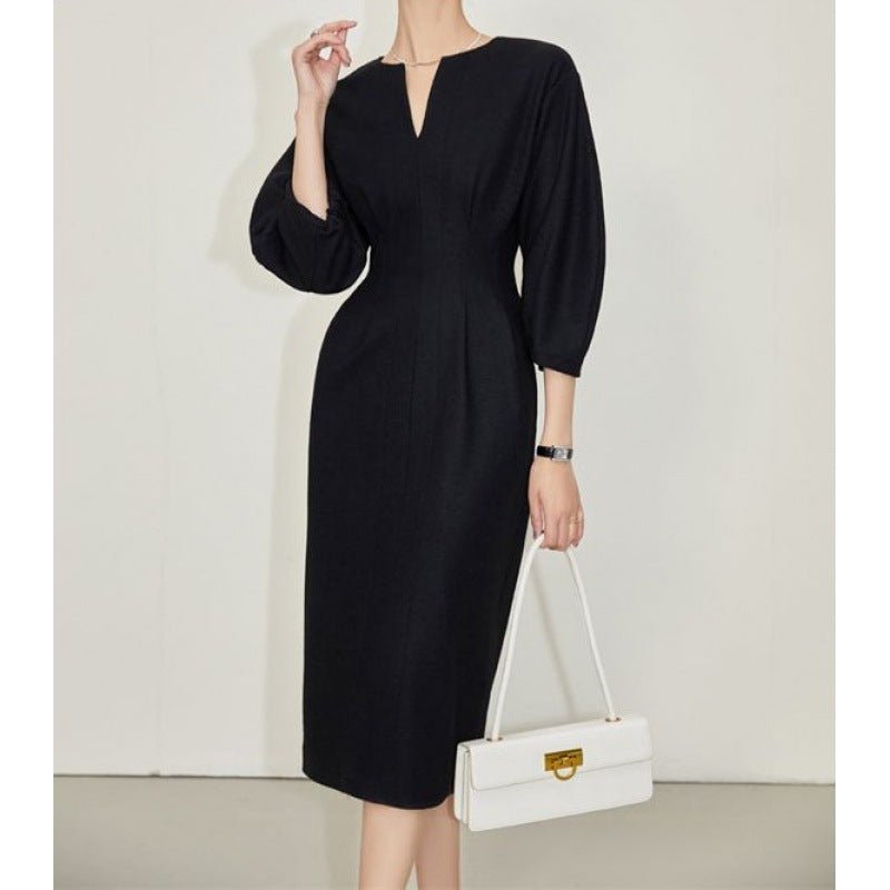 Black Female Temperament V - neck Black Dress Female - Elevra