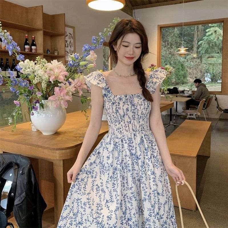 Blue Floral Slip Dress Flying Sleeve Vacation Dress - Elevra
