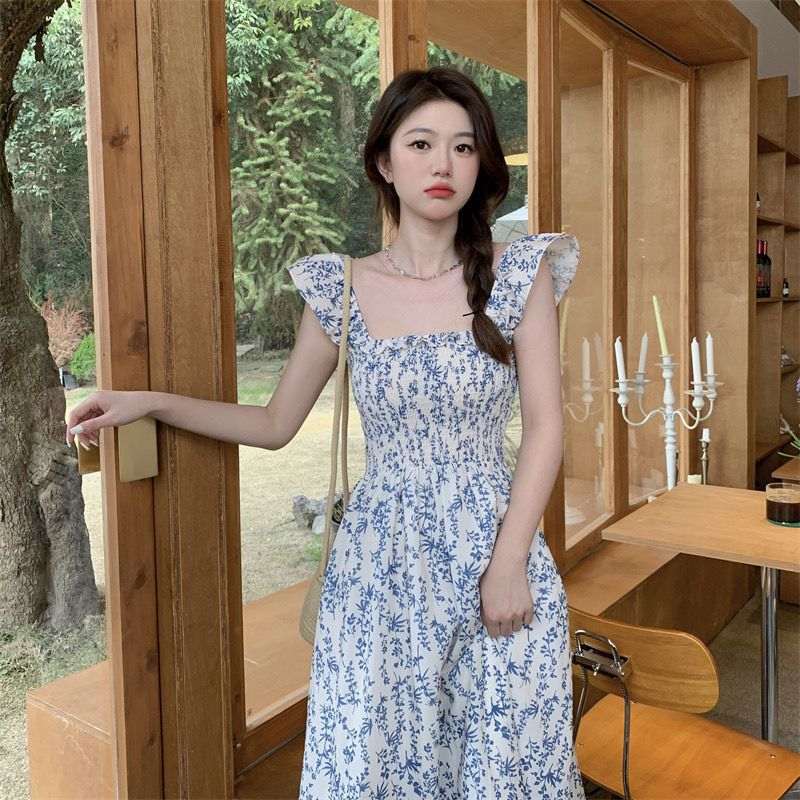 Blue Floral Slip Dress Flying Sleeve Vacation Dress - Elevra