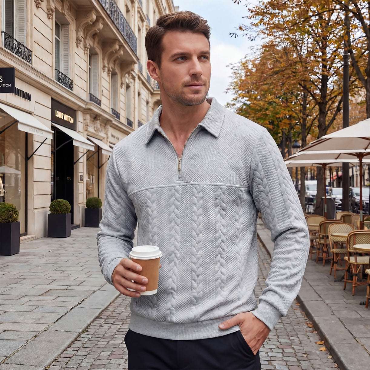 Casual Jacquard Patchwork Half - zip Polo Shirt With A Lapel Collar - Elevra