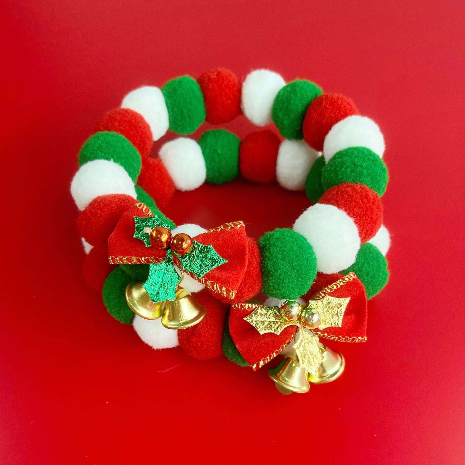 Christmas Cute Dog Cat Plush Ball Necklace Soft Elasticity Collar Pet Neck Accessories Dog Christmas Collar With Bow - Elevra