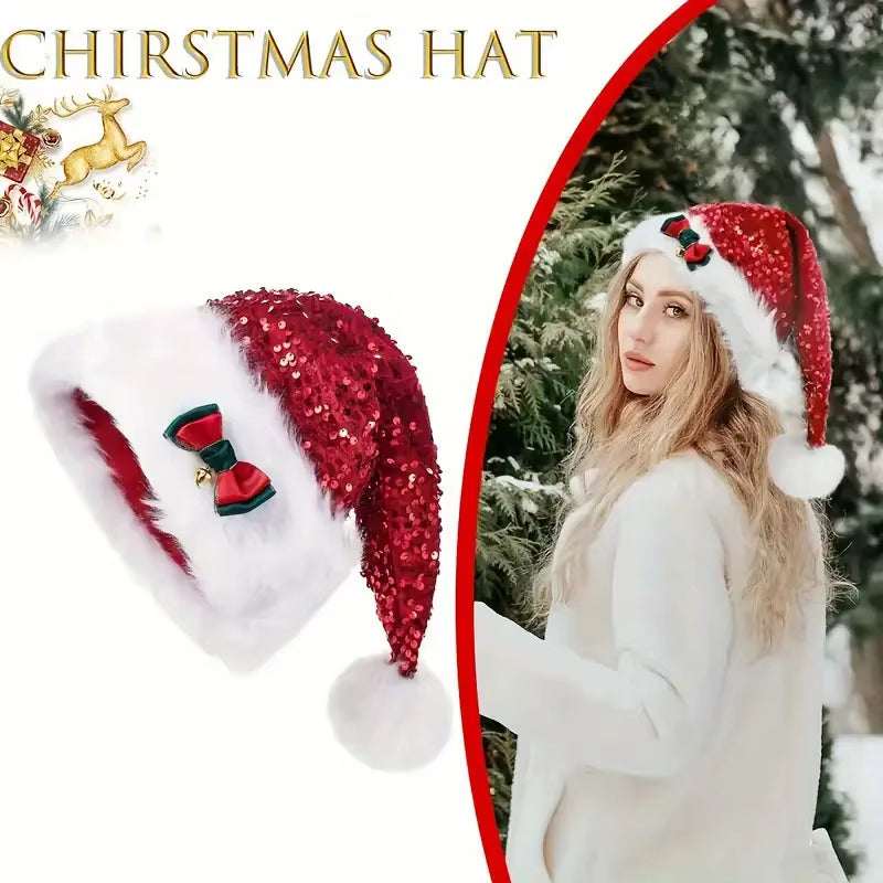 Christmas Hat With Red Sequins And Bow Design - Plush Hat - Elevra