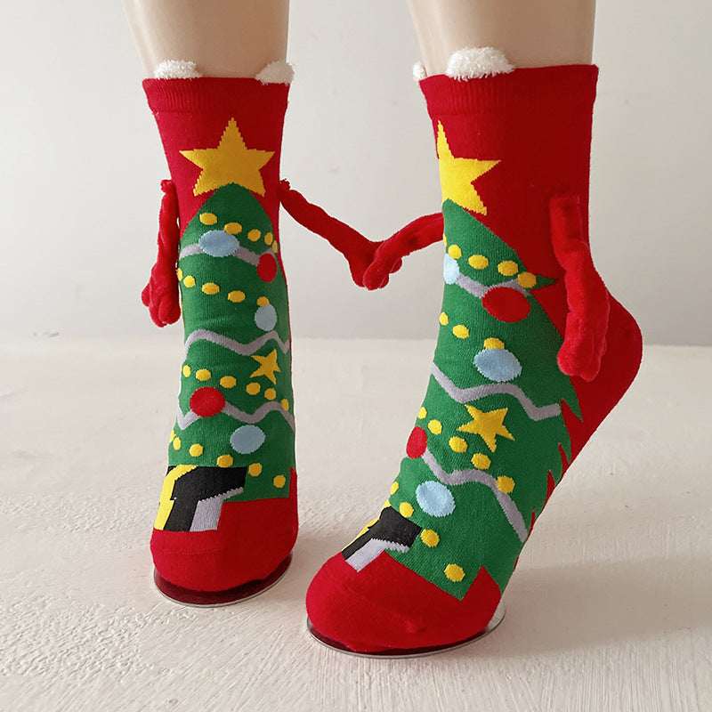 Christmas Magnetic Socks Cute Elk Santa Claus Snowman Hand - holding Socks For Couple - Elevra