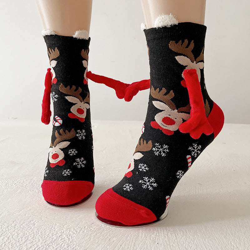 Christmas Magnetic Socks Cute Elk Santa Claus Snowman Hand - holding Socks For Couple - Elevra