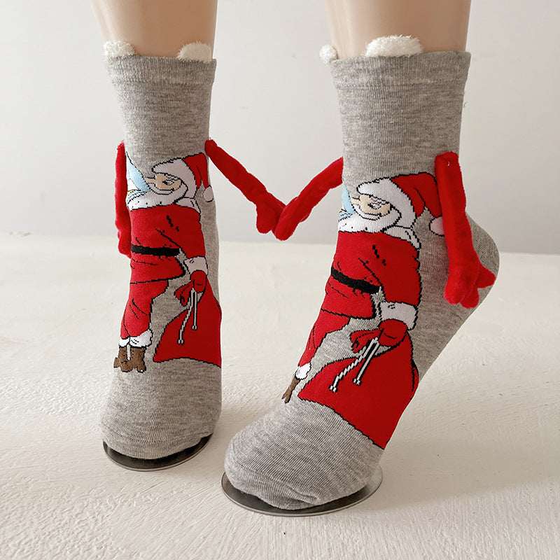 Christmas Magnetic Socks Cute Elk Santa Claus Snowman Hand - holding Socks For Couple - Elevra