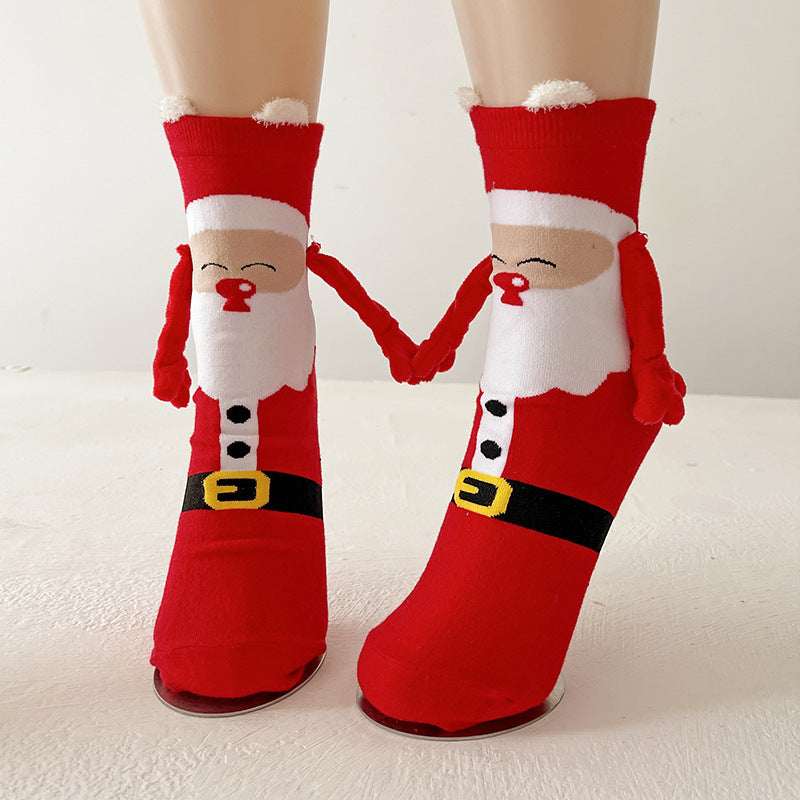 Christmas Magnetic Socks Cute Elk Santa Claus Snowman Hand - holding Socks For Couple - Elevra