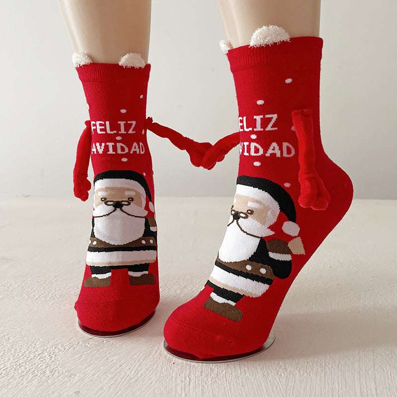 Christmas Magnetic Socks Cute Elk Santa Claus Snowman Hand - holding Socks For Couple - Elevra