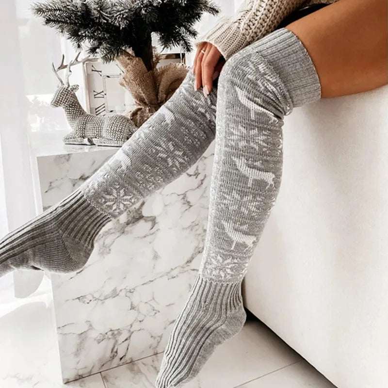Christmas Over the Knee Knitted Socks–Warm Winter Elk Design - Elevra