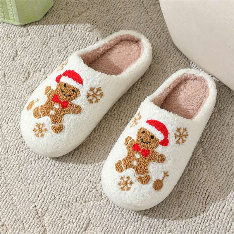 Christmas Snowflake Gingerbread Slippers Winter Indoor Non - slip Floor Bedroom Fuzzy House Shoes For Women Home Slippers - Elevra