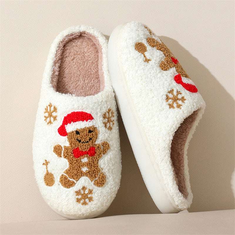 Christmas Snowflake Gingerbread Slippers Winter Indoor Non - slip Floor Bedroom Fuzzy House Shoes For Women Home Slippers - Elevra