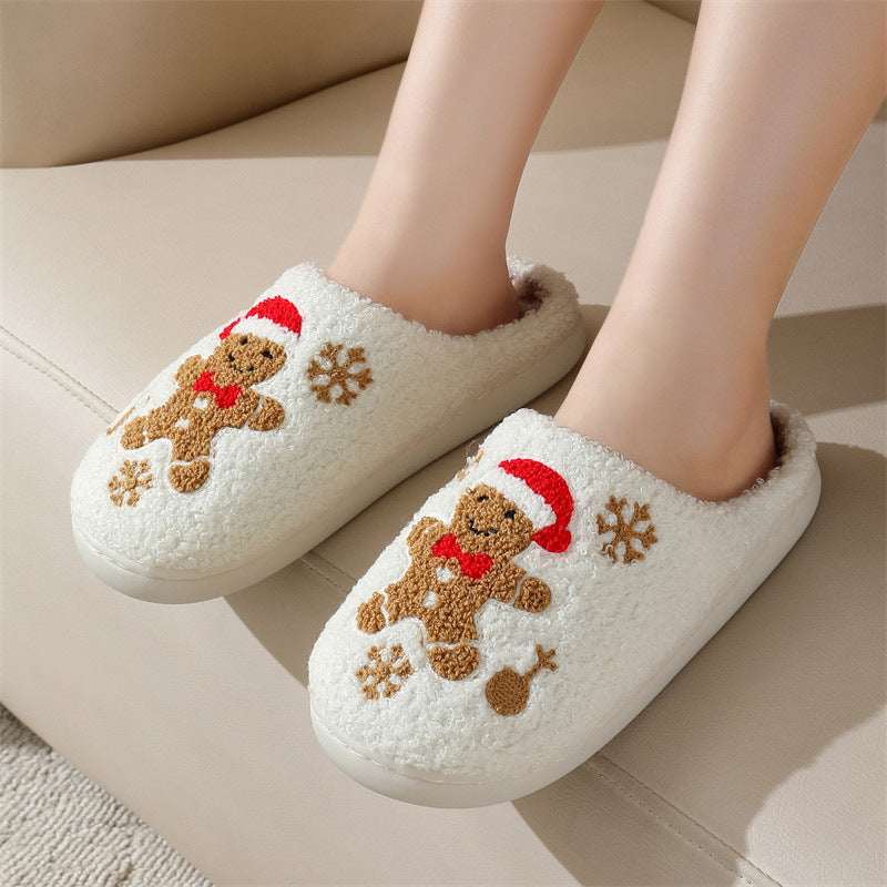 Christmas Snowflake Gingerbread Slippers Winter Indoor Non - slip Floor Bedroom Fuzzy House Shoes For Women Home Slippers - Elevra