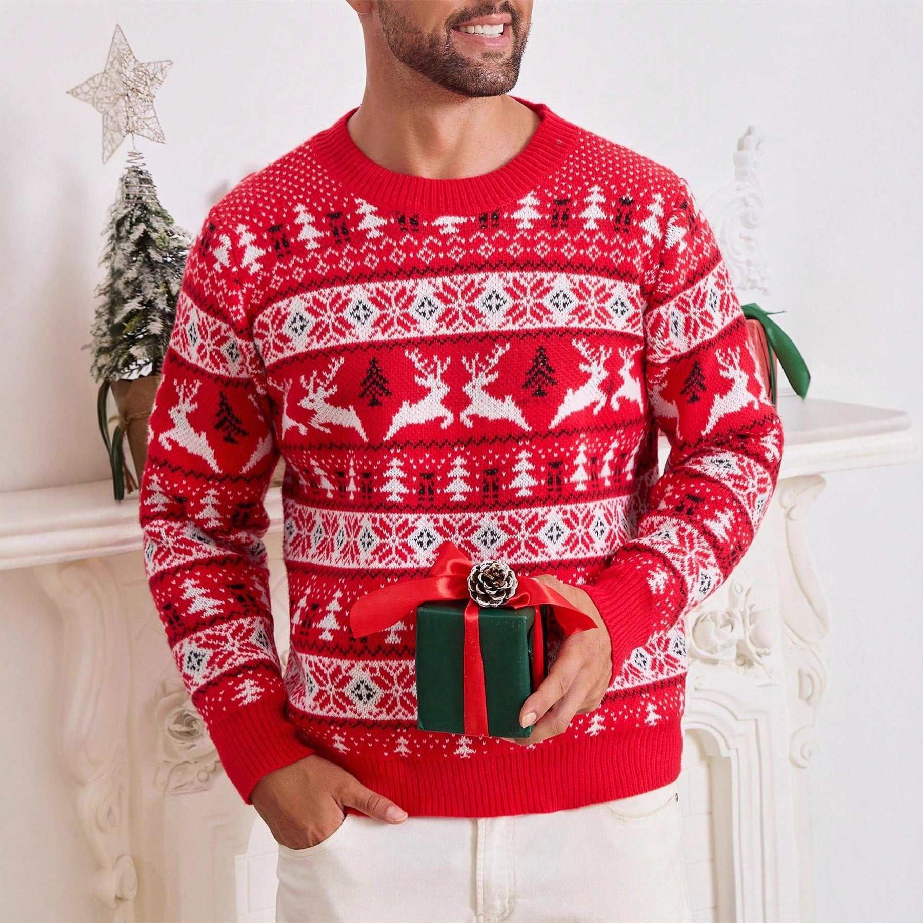 Christmas Sweater Men's Round Neck Loose Jacquard Knitwear - Elevra