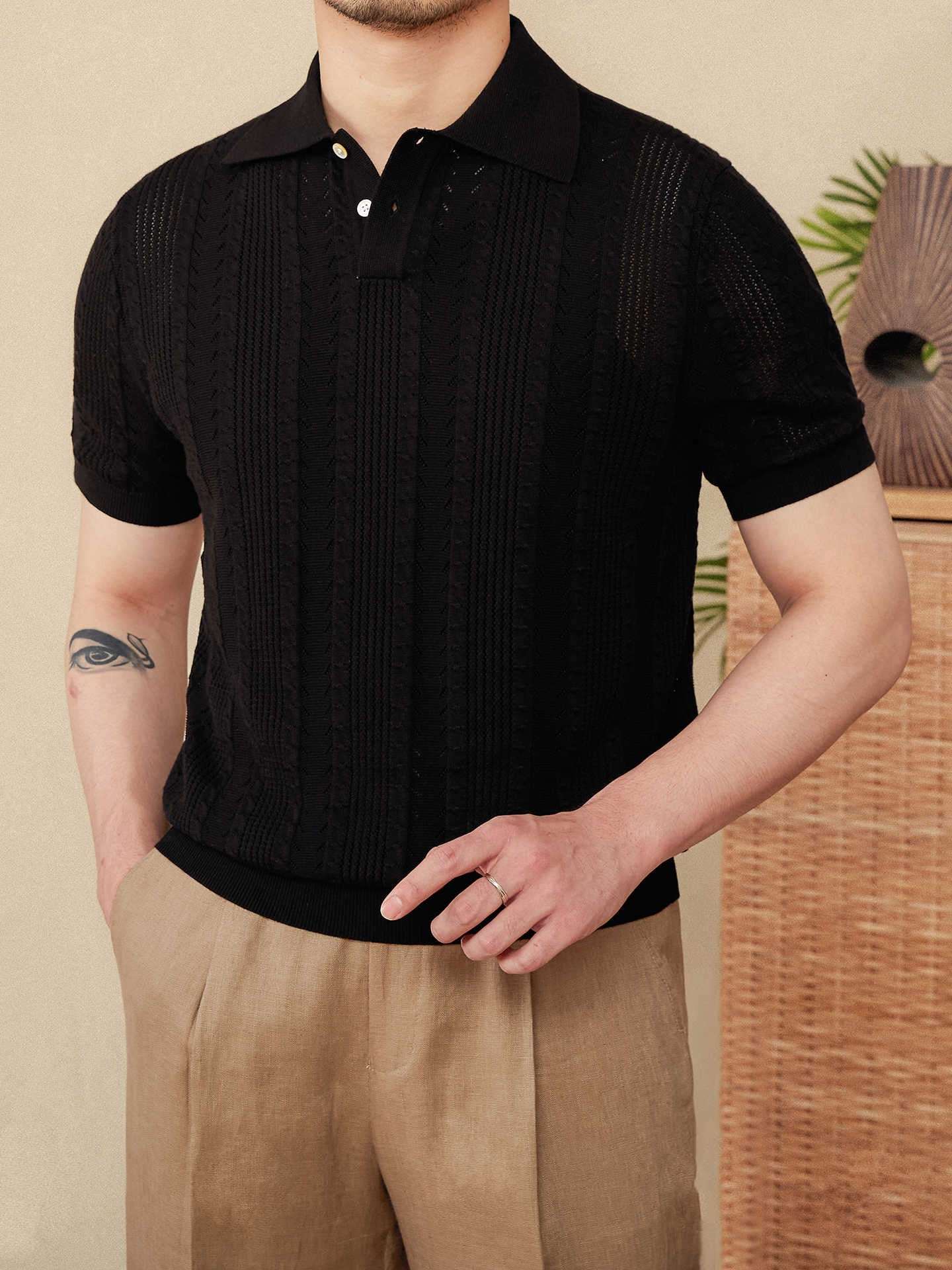 Cotton Hollow Lapel Short Sleeve POLO Knitted T-shirt - Elevra
