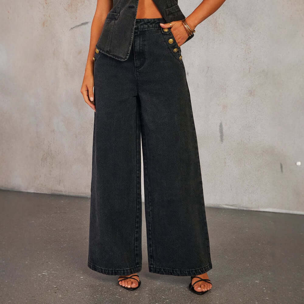 Denim Vest Suits Fashion Sleeveless Button Tops And Wide Leg Straight Pants With Pockets Women's Trousers Set - Elevra