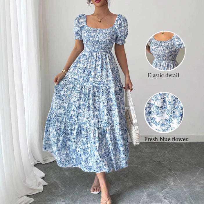 Elegant Idle Style Printed Square Collar Loose Long Puff Sleeve Dress - Elevra