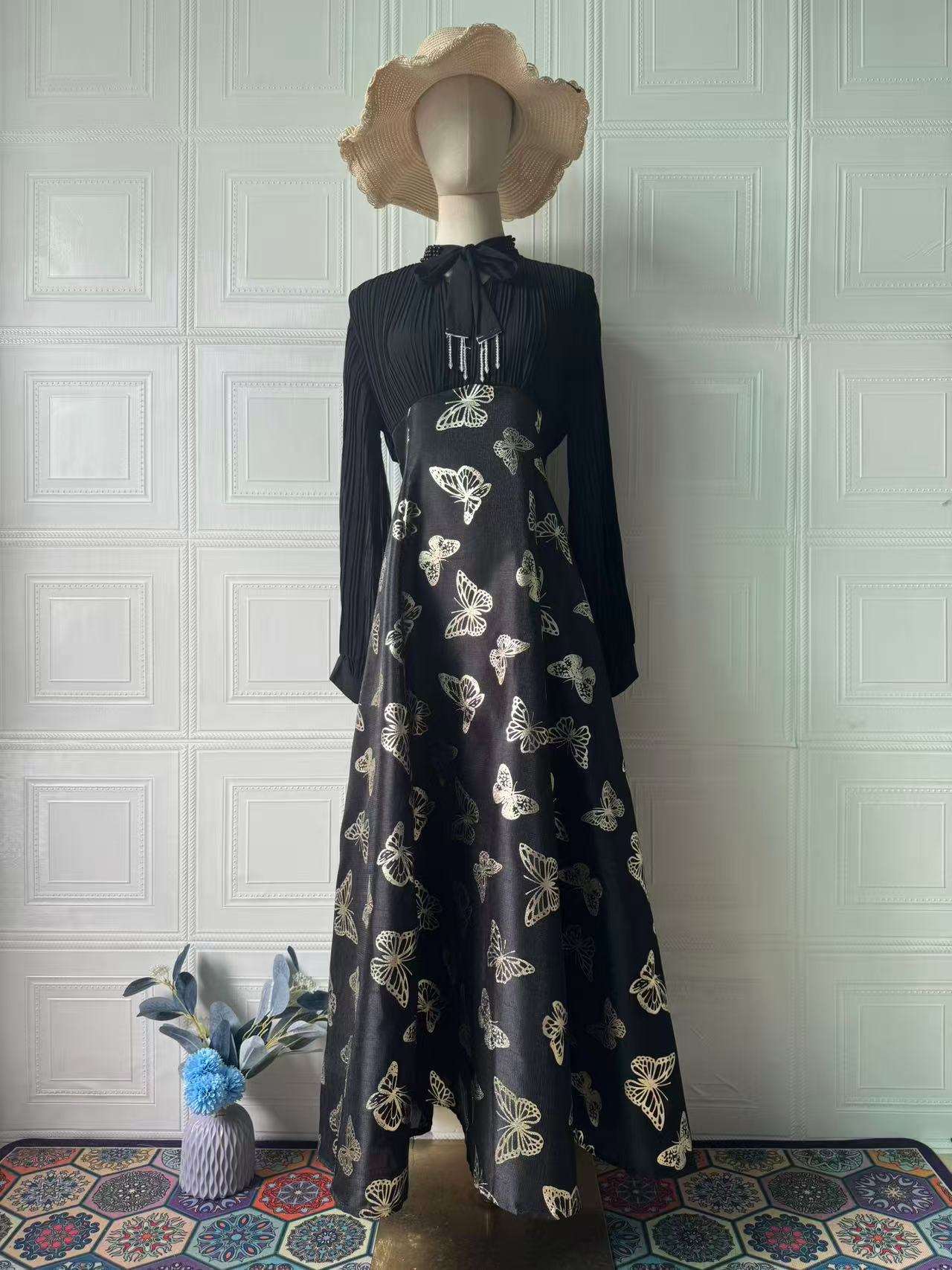 Elegant Long Sleeve Butterfly Bronzing Dress - Elevra